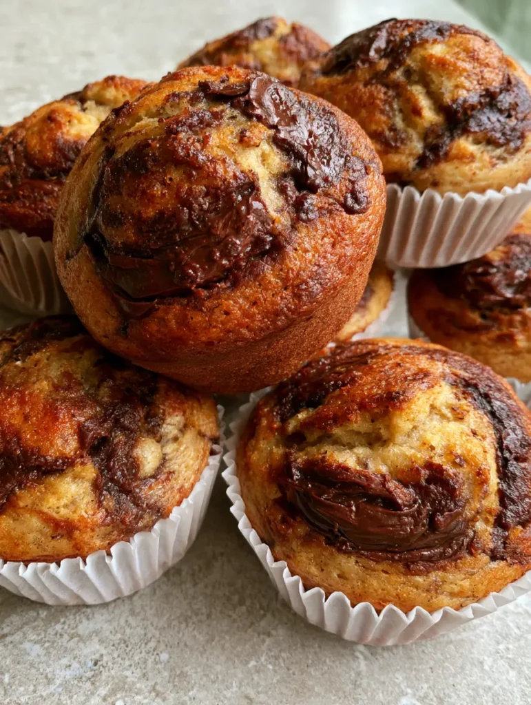 A close-up shot of Nutella Banana Muffins showing the golden brown texture and deep chocolate Nutella swirls.