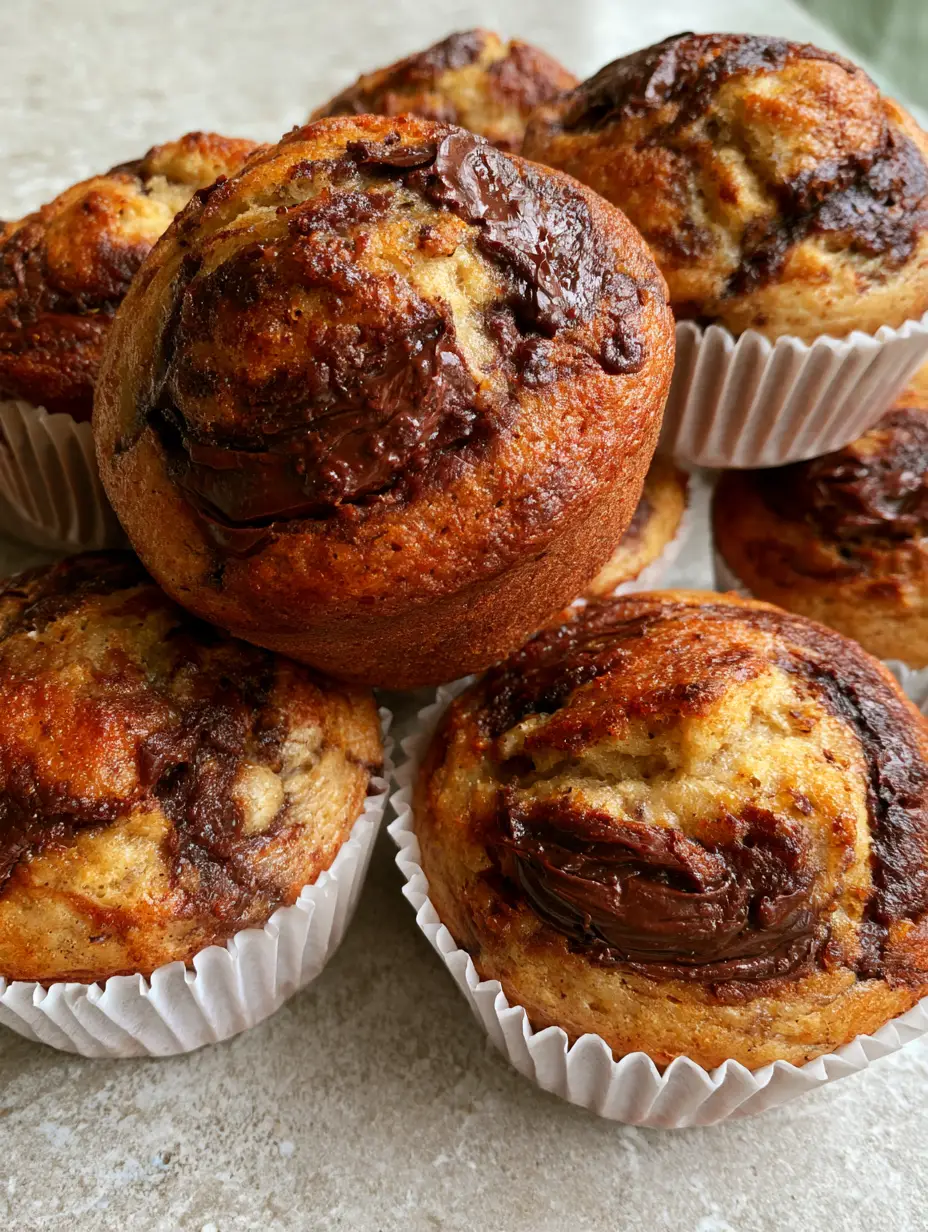 A close-up shot of Nutella Banana Muffins showing the golden brown texture and deep chocolate Nutella swirls.