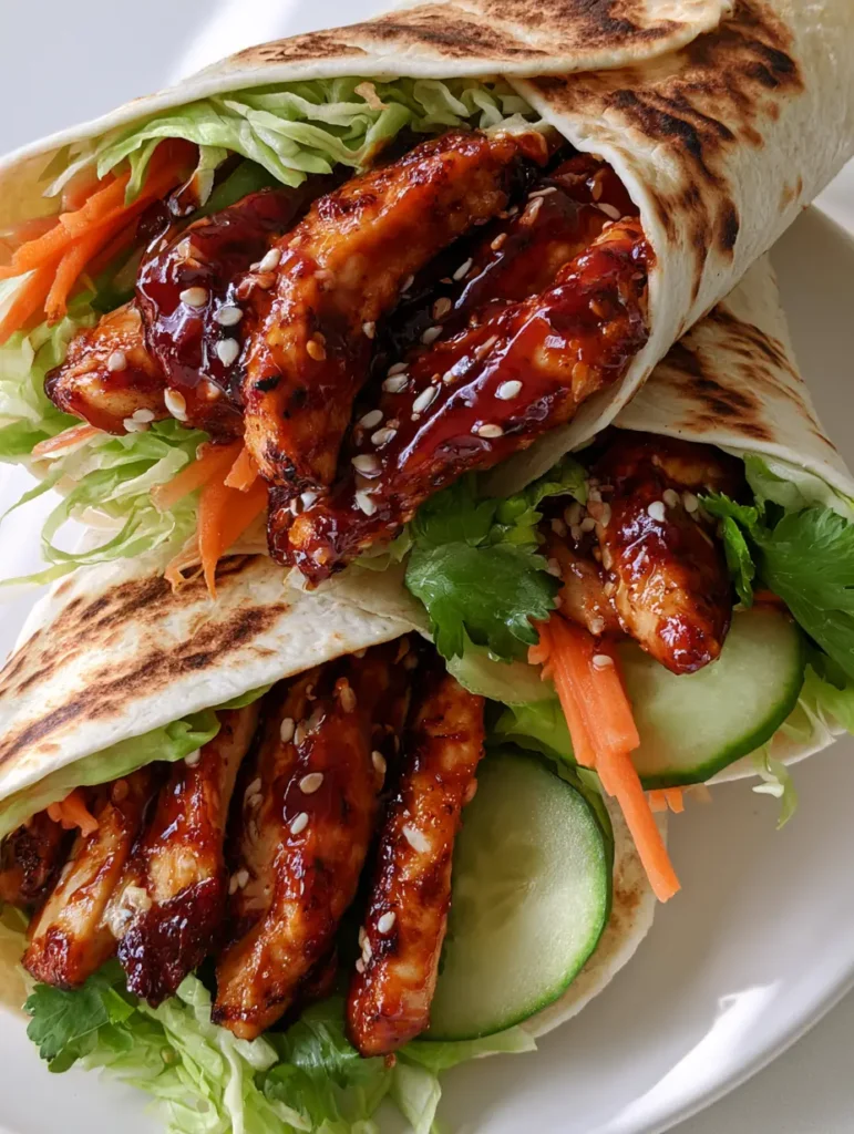 A close-up shot of three toasted flour tortilla wraps with distinct char spots, filled with glossy red glazed chicken and fresh green herbs. (Sweet Chili Chicken Wraps)