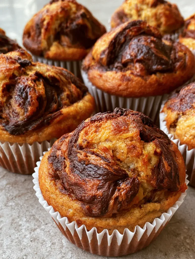 Freshly baked Nutella Banana Muffins sitting in white pleated liners on a gray stone surface.