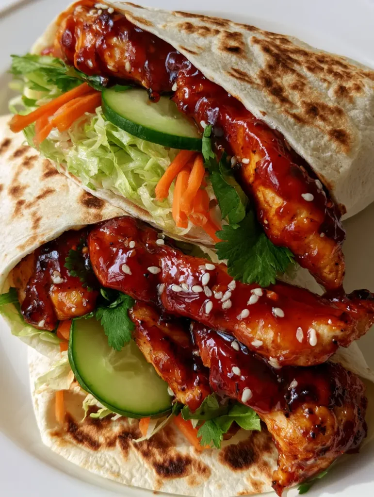 Sizzling seared chicken breast strips in a skillet being tossed in a dark red sweet chili sauce. (Sweet Chili Chicken Wraps)