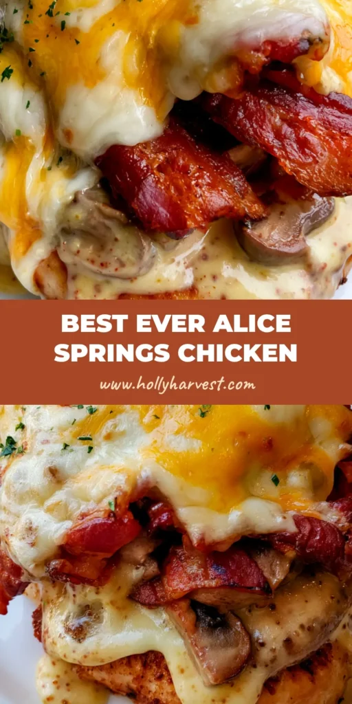 A top-down shot of the finished Alice Springs Chicken Recipe showing bubbly melted cheese, crispy bacon, and fresh parsley. (Alice Springs Chicken Recipe)
