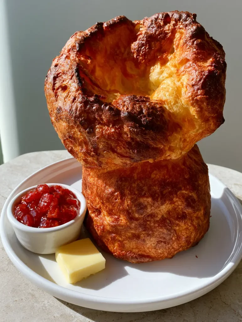 Towering Maine popover next to a ramekin of glossy strawberry jam and a butter pat. (Jordan Pond House Popovers)