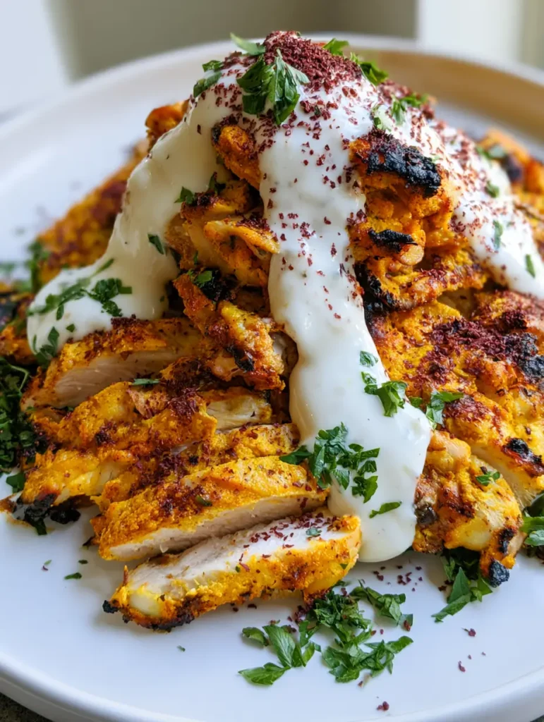 Thinly sliced grilled chicken thighs with a vibrant yellow-orange spice rub and visible charred edges for our Chicken Shawarma Recipe.