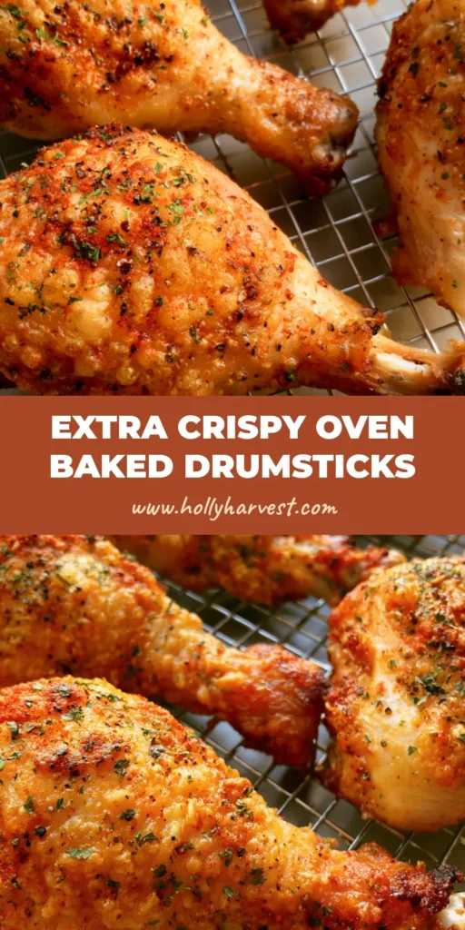 A close-up of crispy Oven Baked Chicken Drumsticks on a wire rack, showing golden-brown bubbly skin with paprika and parsley specks.