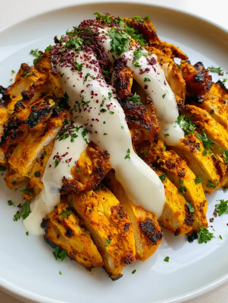 Chicken Shawarma Recipe: The Ultimate Guide to Juicy, Charred Perfection 1 A thick stream of opaque white creamy garlic sauce being poured over a pile of sliced chicken shawarma.