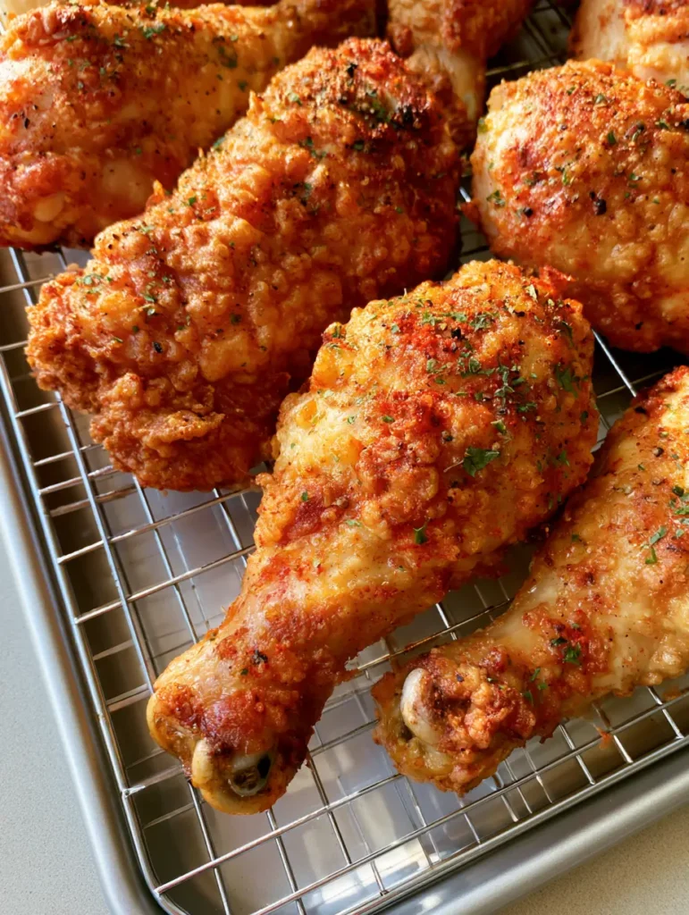 Top-down view of several Oven Baked Chicken Drumsticks resting on a silver wire rack with visible seasoning and rendered fat.