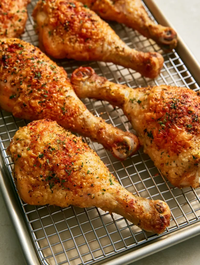 Detailed shot of the textured, bubbly surface of Oven Baked Chicken Drumsticks seasoned with paprika and sea salt.
