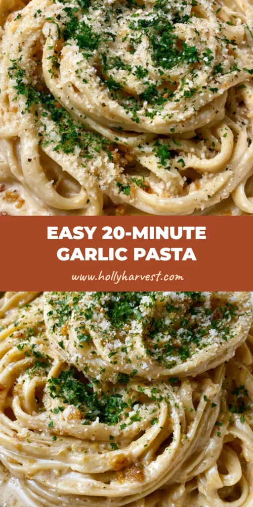 One Pot Creamy Garlic Pasta: The Ultimate 20-Minute Comfort Meal 4 A rustic presentation of One Pot Creamy Garlic Pasta with swirling fettuccine and golden garlic bits in a white bowl.
