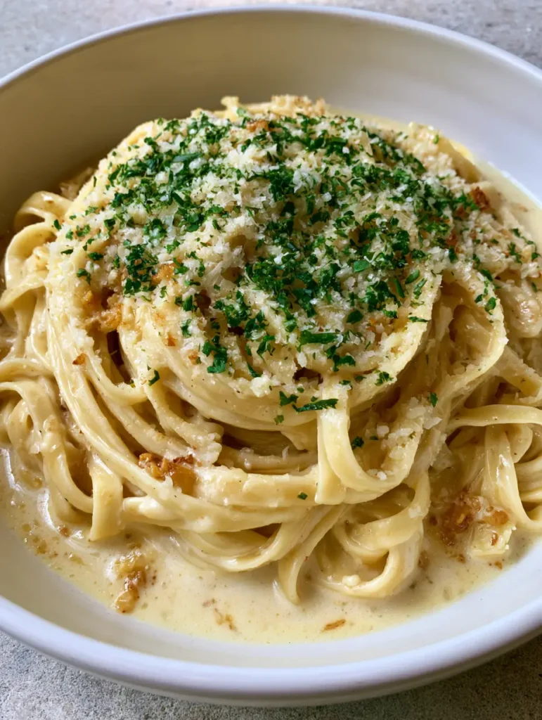 One Pot Creamy Garlic Pasta: The Ultimate 20-Minute Comfort Meal 1 Close up of fettuccine strands coated in garlic cream sauce with a heavy dusting of parmesan and parsley.