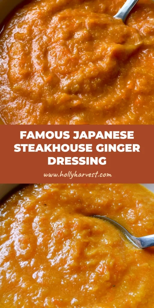 A close-up of thick, pulpy orange Japanese Steakhouse Ginger Dressing in a white ceramic bowl with a stainless steel spoon on a wooden table.