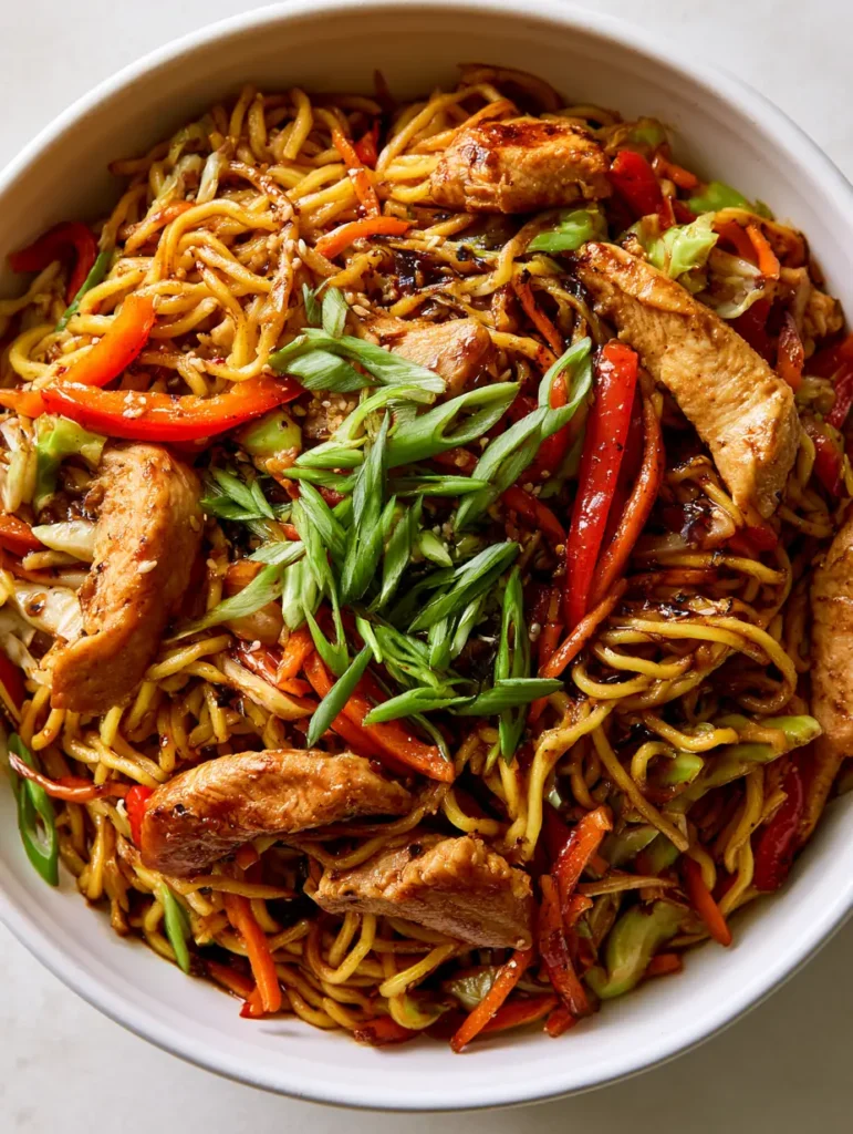 Close-up of thin egg noodles with char marks and golden chicken strips. (Chicken Chow Mein Recipe)