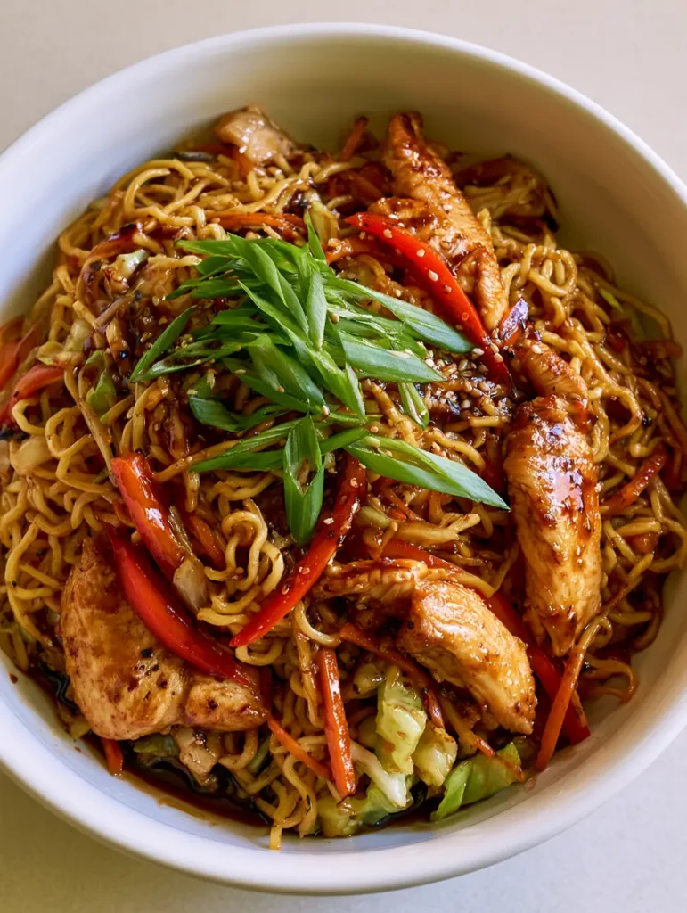 Chicken Chow Mein Recipe: The Ultimate Better-Than-Takeout Guide 1 A white bowl overflowing with Chicken Chow Mein topped with sesame seeds and green onions. (Chicken Chow Mein Recipe)