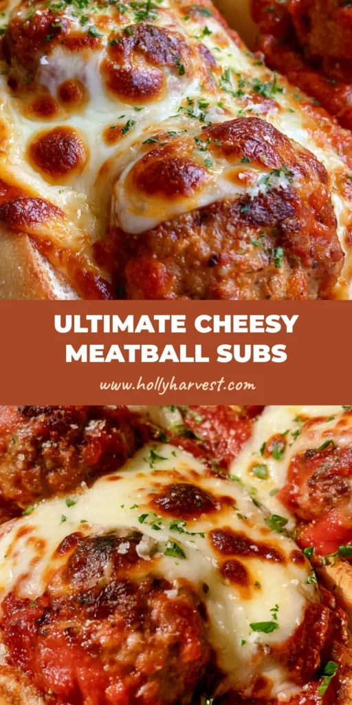 A close-up of three Cheesy Meatball Subs on toasted hoagie rolls with melted bubbly mozzarella and charred spots.