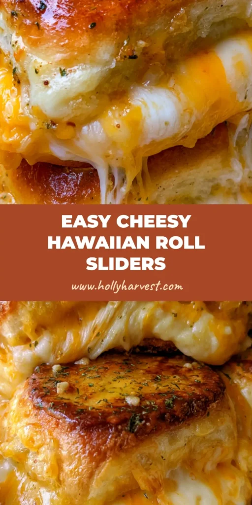 Mini Grilled Cheese Hawaiian Rolls with Garlic Butter Glaze 4 A handheld photo of Mini Grilled Cheese Hawaiian Rolls with melted cheddar and mozzarella oozing from the sides in a white baking dish.