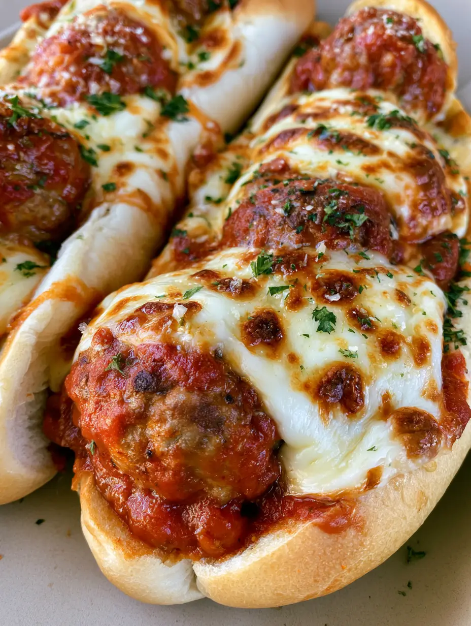 Handheld photo of three Cheesy Meatball Subs with seared meatballs and thick marinara sauce.