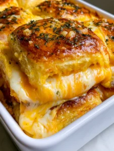 Close-up of toasted Hawaiian rolls with melted orange cheddar and white mozzarella cheese, garnished with garlic and parsley.