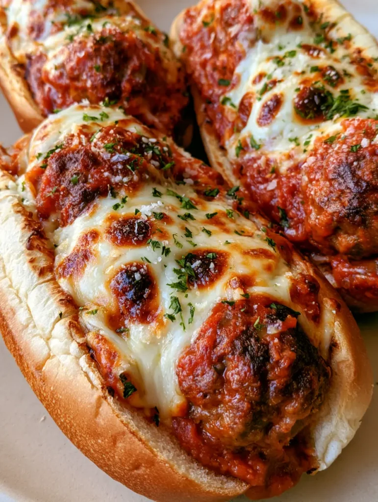 Top-down view of Cheesy Meatball Subs garnished with fresh parsley and parmesan flakes.