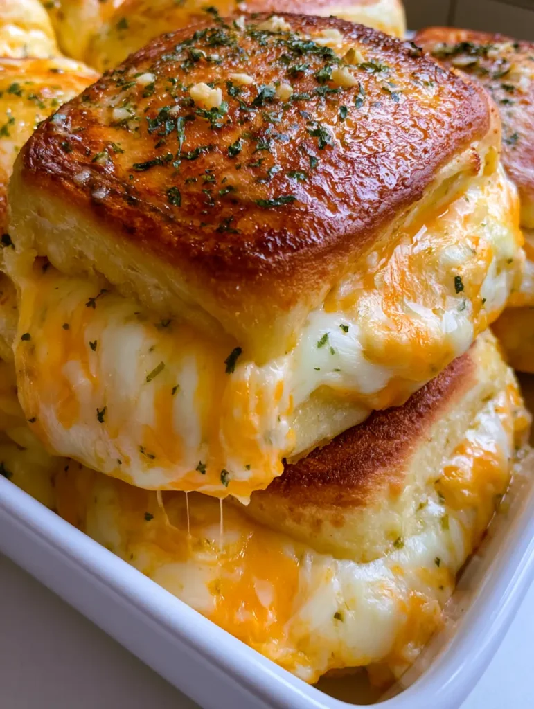 Mini Grilled Cheese Hawaiian Rolls with Garlic Butter Glaze 1 A tray of Mini Grilled Cheese Hawaiian Rolls featuring a glossy garlic butter glaze and green parsley flecks.