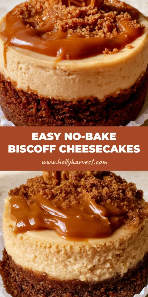 A close-up vertical shot of a No-Bake Mini Biscoff Cheesecake in a white liner featuring a glossy drizzle and cookie garnish.