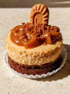 Single mini cheesecake showing the dark brown cookie base and matte tan filling. (No-Bake Mini Biscoff Cheesecakes)