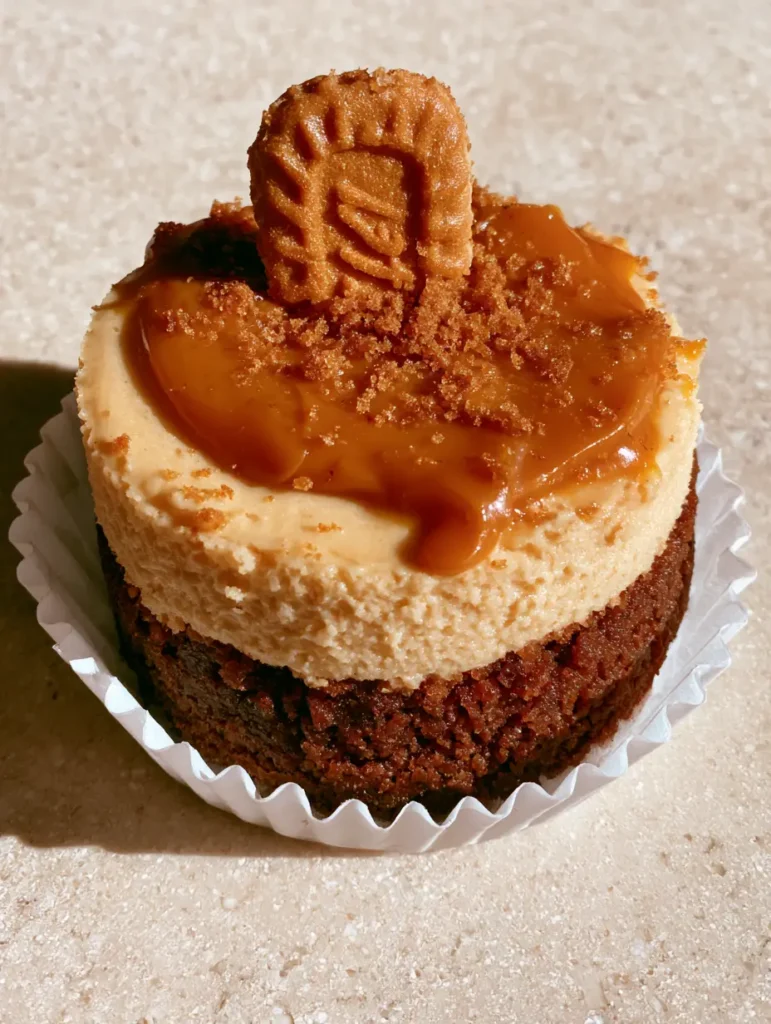 Top view of No-Bake Mini Biscoff Cheesecakes with glossy drizzle pooling at the edges.