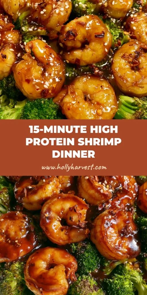 Honey Garlic Shrimp and Charred Broccoli: The Ultimate 20-Minute Meal 3 A handheld smartphone photo of a white ceramic plate filled with Honey Garlic Shrimp and charred broccoli, garnished with sesame seeds and red chili flakes.