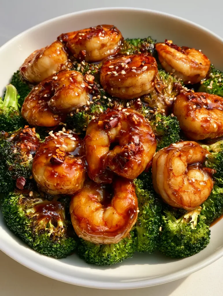 Honey Garlic Shrimp and Charred Broccoli: The Ultimate 20-Minute Meal 2 Succulent jumbo shrimp perfectly seared with golden-brown edges and coated in a dark amber honey garlic glaze.