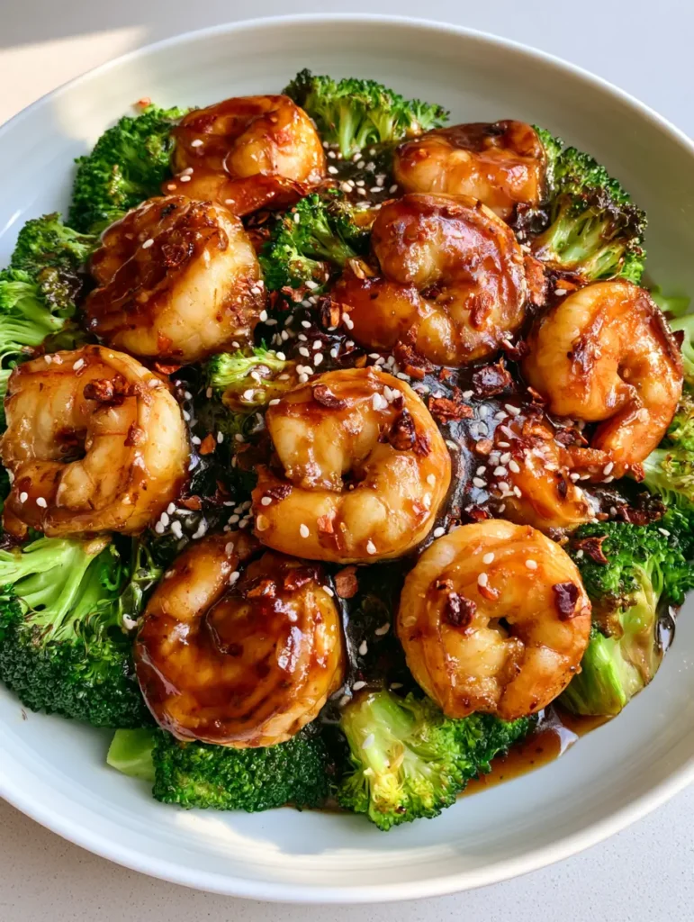 Honey Garlic Shrimp and Charred Broccoli: The Ultimate 20-Minute Meal 1 Bright green, lightly charred broccoli florets mixed with Honey Garlic Shrimp on a white plate.