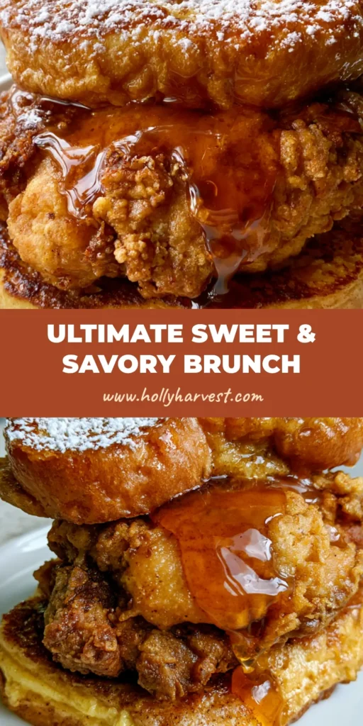 French Toast Fried Chicken Sandwich: The Ultimate Sweet and Savory Brunch 4 A towering French Toast Fried Chicken Sandwich with powdered sugar and maple syrup on a white plate.