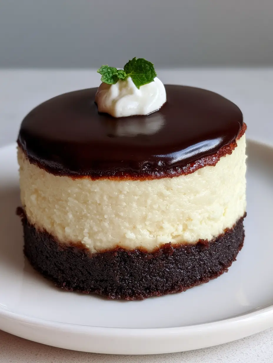 Close up of a mini cheesecake showing the dense brownie base and ivory cream cheese layer. (Brownie Bottom Mini Cheesecakes)