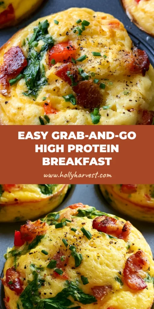 A close-up of golden-yellow Meal Prep Egg Muffins with spinach and bacon in a dark grey tin.