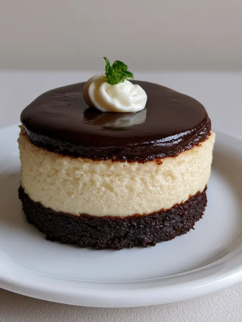 Top view of a Brownie Bottom Mini Cheesecake with thick glossy chocolate ganache and a fresh mint sprig.