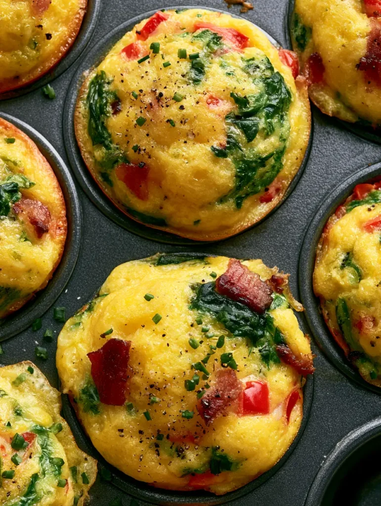 Top view of fluffy Meal Prep Egg Muffins showing textured domed tops and fresh chives.