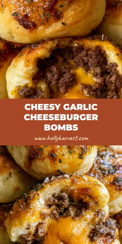 A stack of golden-brown Cheeseburger Bombs on a white platter, one torn open to show melted orange cheddar and beef.