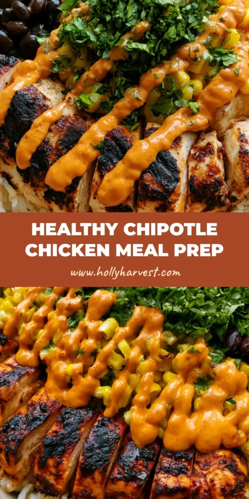 Chipotle Chicken Bowl: The Ultimate Smoky Charred Chicken and Creamy Drizzle Recipe 4 A ceramic bowl containing fluffy white rice, charred chicken, black beans, and corn with a zig-zag of orange chipotle sauce. (Chipotle Chicken Bowl)