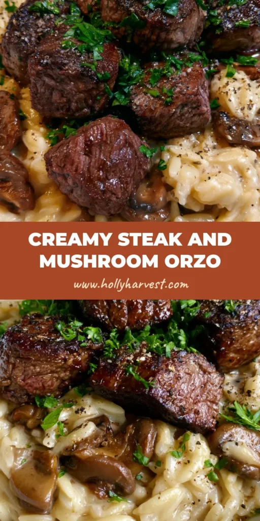 Steak Bites with Mushroom Orzo: A Creamy, One-Pan Steakhouse Masterpiece 4 A shallow white ceramic bowl featuring creamy ivory orzo pasta with sautéed mushrooms, topped with seared dark brown steak bites and fresh green parsley. (Steak Bites with Mushroom Orzo)