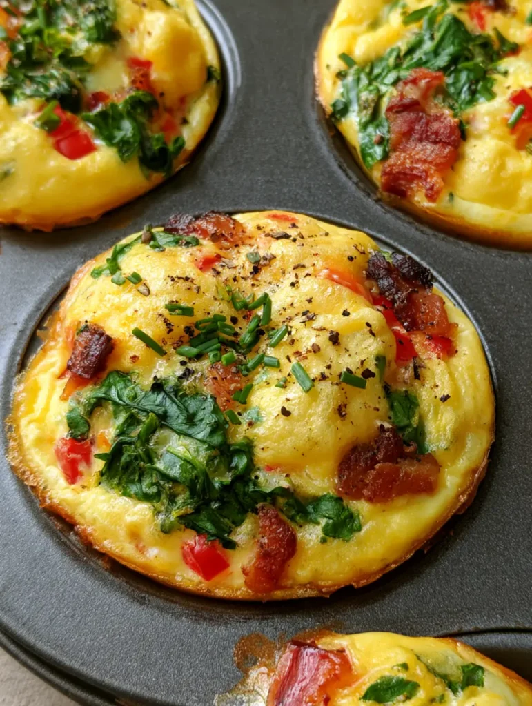 Multiple Meal Prep Egg Muffins in a dark tin with visible red peppers and toasted edges.
