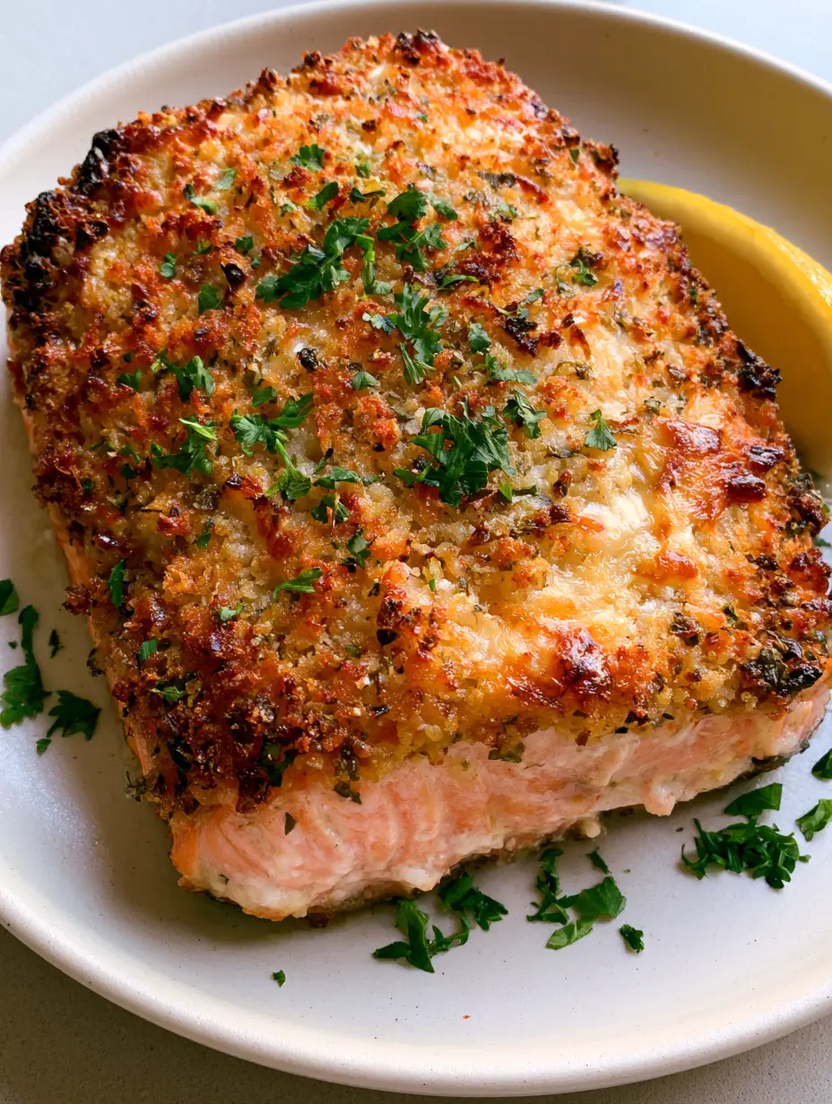 Parmesan Crusted Baked Salmon: The Ultimate 20-Minute Crispy Dinner Recipe 3 High-angle view of a thick salmon fillet with a dense golden-brown parmesan crust and herb flecks. (Parmesan Crusted Baked Salmon)