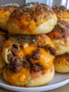 Close-up photo of Cheeseburger Bombs with glossy garlic butter and parsley flakes. (Cheeseburger Bombs)