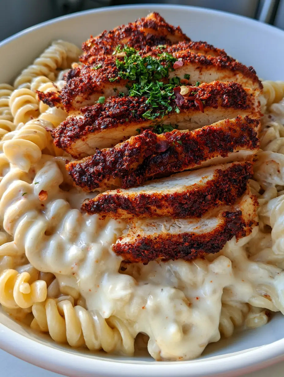 Overhead shot of Creamy Cajun Chicken Pasta showing the thick mozzarella alfredo and charred reddish-brown chicken. (Creamy Cajun Chicken Pasta)