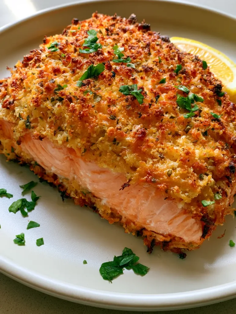Parmesan Crusted Baked Salmon: The Ultimate 20-Minute Crispy Dinner Recipe 1 Close-up of flaky, moist pink salmon under a toasted breadcrumb topping. (Parmesan Crusted Baked Salmon)
