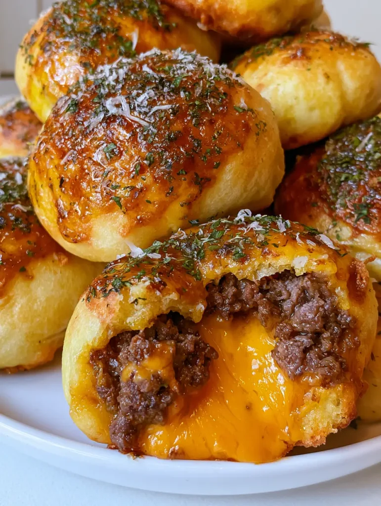 A pile of baked dough balls stuffed with cheeseburger ingredients on a ceramic plate.