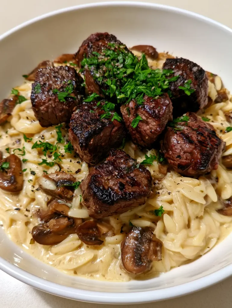 Steak Bites with Mushroom Orzo: A Creamy, One-Pan Steakhouse Masterpiece 1 Wide shot of a rustic bowl of Steak Bites with Mushroom Orzo in natural daylight.