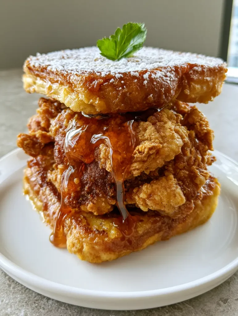 Close-up of a French Toast Fried Chicken Sandwich showing the craggy texture of the fried chicken.