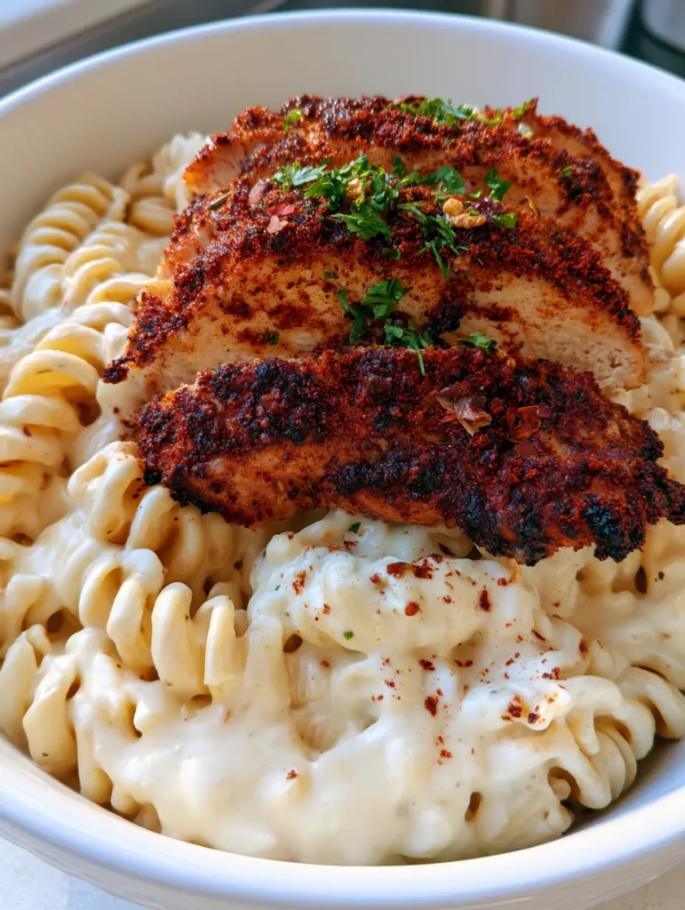Side view of Creamy Cajun Chicken Pasta in a white ceramic bowl with soft natural light highlighting the parsley garnish.