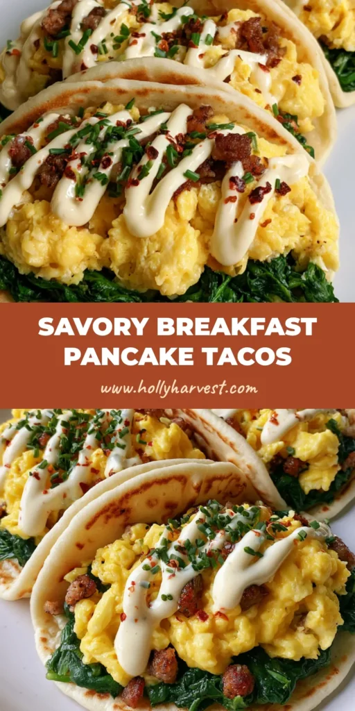 Three Savory Pancake Tacos filled with spinach, fluffy eggs, and sausage on a white plate.
