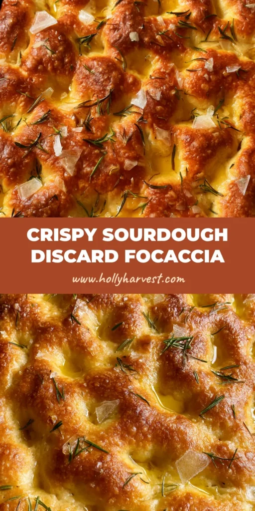 Sourdough Discard Focaccia: The Ultimate Crispy & Bubbly Artisan Bread 4 A close-up vertical shot of Sourdough Discard Focaccia topped with rosemary and sea salt flakes.