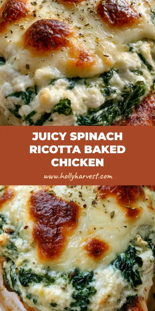 A handheld smartphone photo of Spinach Ricotta Chicken with bubbling mozzarella and a toasted cheese crust in a white ceramic dish.
