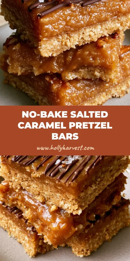 A stack of No-Bake Salted Caramel Pretzel Bars showing layers of crunchy pretzel base and gooey amber caramel with a chocolate drizzle.